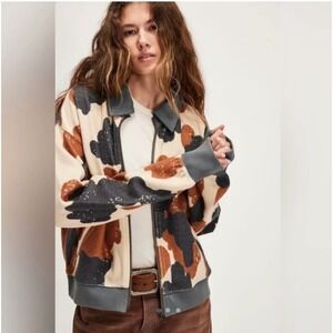 Free People Cabin Cardi in Happy Cow Brown Cream Animal Print Jacket size S